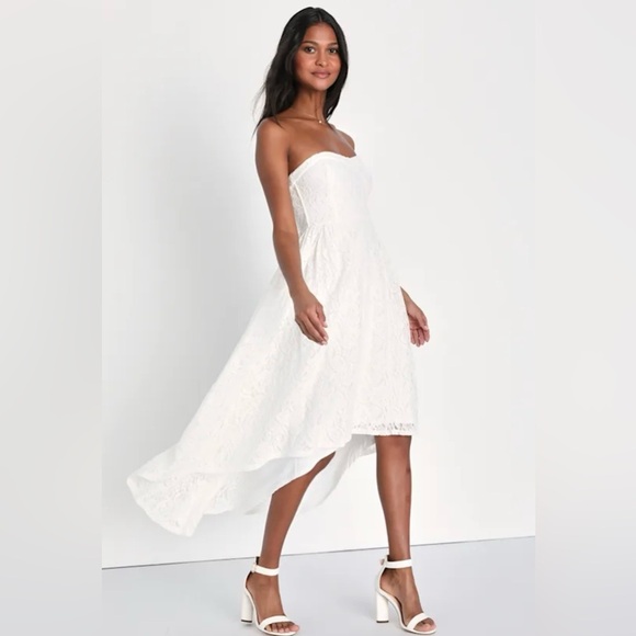 Lulus Dresses & Skirts - LULUS Curated Charm White Lace Strapless Bustier High-Low Dress BRIDAL